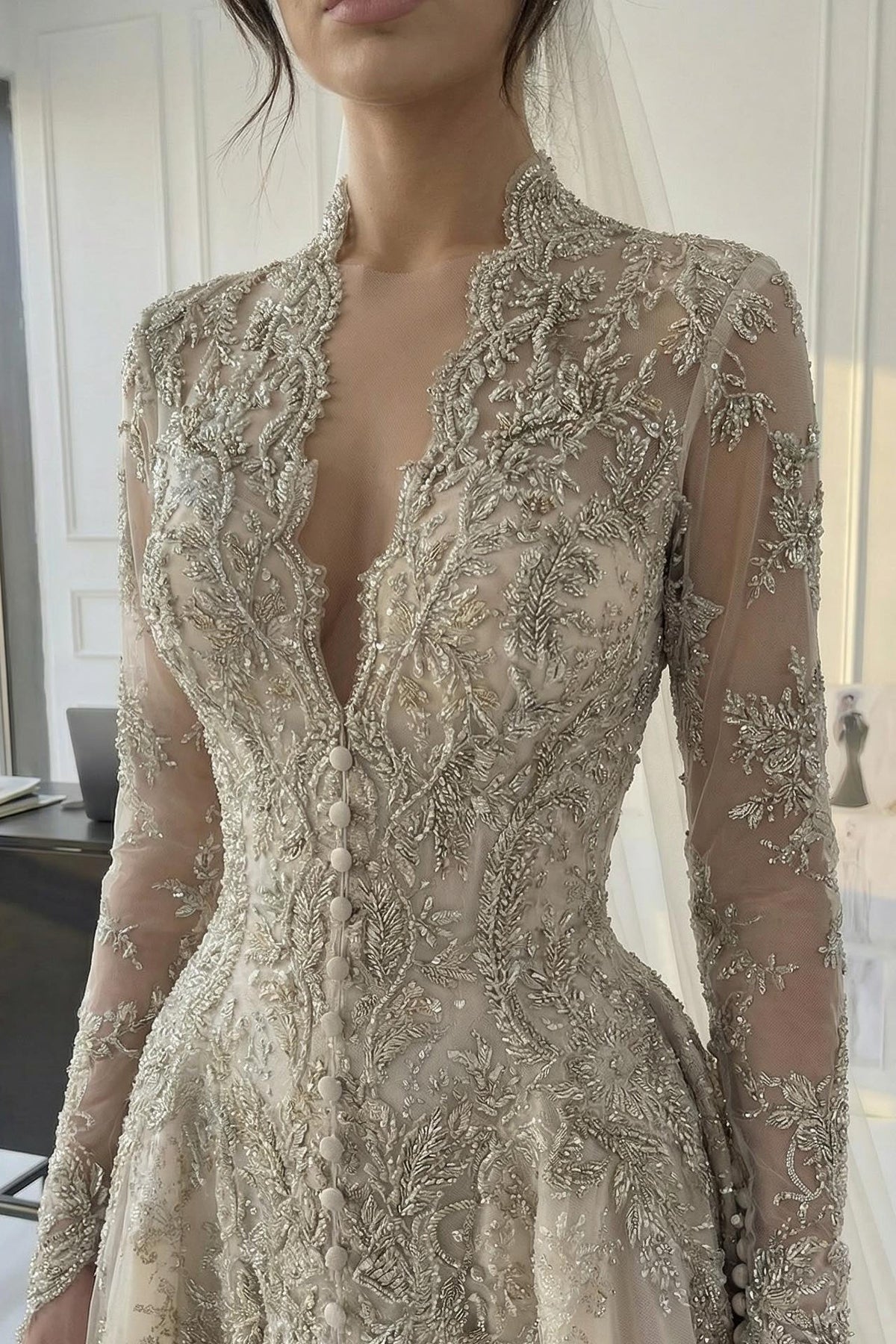 Suzhoufashion A Line V Neck Champagne Long Wedding Dress With Appliques Lace Bridal Gown
