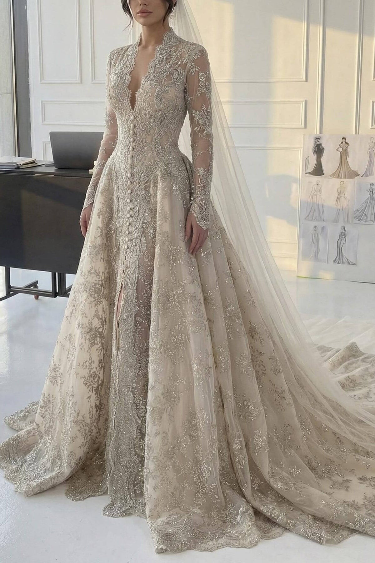 Suzhoufashion A Line V Neck Champagne Long Wedding Dress With Appliques Lace Bridal Gown