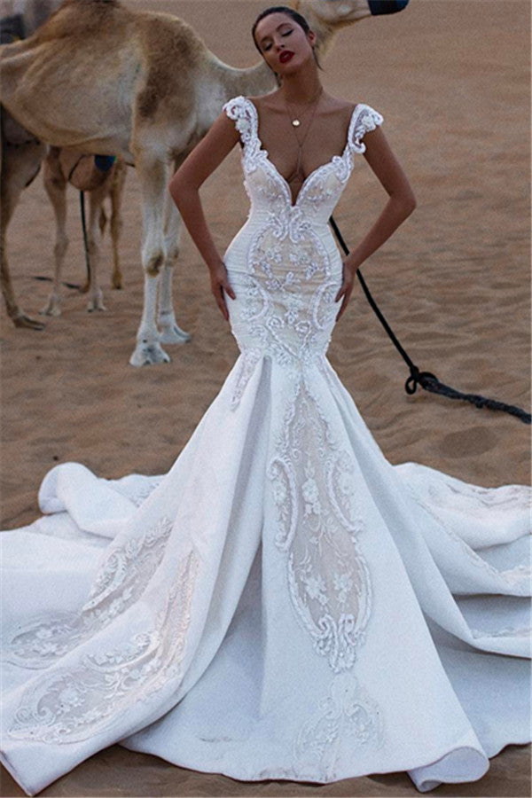 Luxurious Cap Sleeves V-Neck Ruffles Wedding Dresses |  Mermaid Appliques Long Bridal Gown