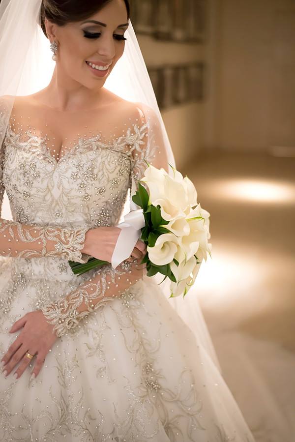 Luxurious Crystals Beading Princess Wedding Dress  Long Sleeve Court Train Bridal Gown