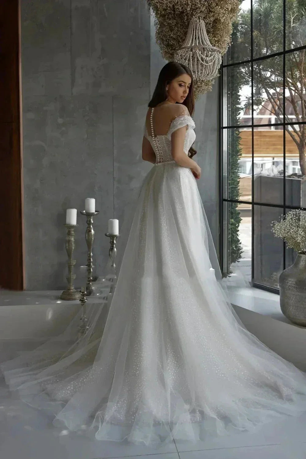 Luxurious Elegant Lace Beading Off Shoulder Mermaid Fluffy Mopping Floor Wedding Dresses New 2023 Fairy Appliques Bridal Gown (ZD14083)