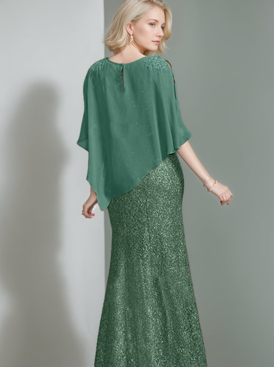 Luxurious Long Chiffon Mother of the Bride Dress with Scoop Neck and Beading Sequins