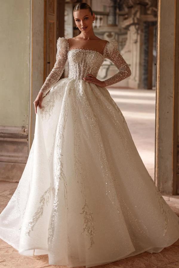 Luxurious Long Ivory A Line Square Neck Lace Beading Wedding Dress With Sleeves (ZD14485)