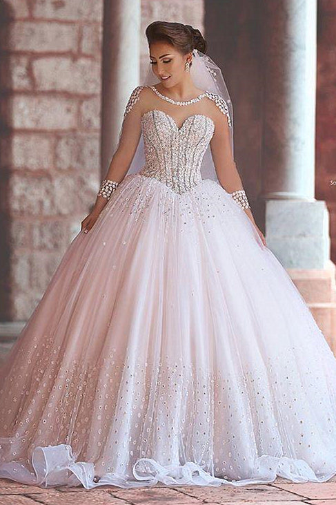 Luxurious Long Sleeve Sheer Tulle Wedding Dresses  Beadings Ball Gown Bridal Dresses