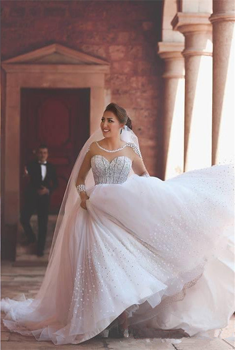 Luxurious Long Sleeve Sheer Tulle Wedding Dresses  Beadings Ball Gown Bridal Dresses