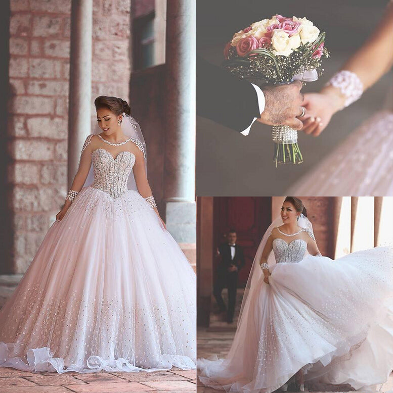 Luxurious Long Sleeve Sheer Tulle Wedding Dresses  Beadings Ball Gown Bridal Dresses