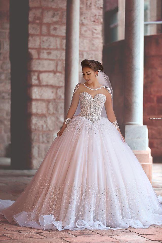 Luxurious Long Sleeve Sheer Tulle Wedding Dresses  Beadings Ball Gown Bridal Dresses