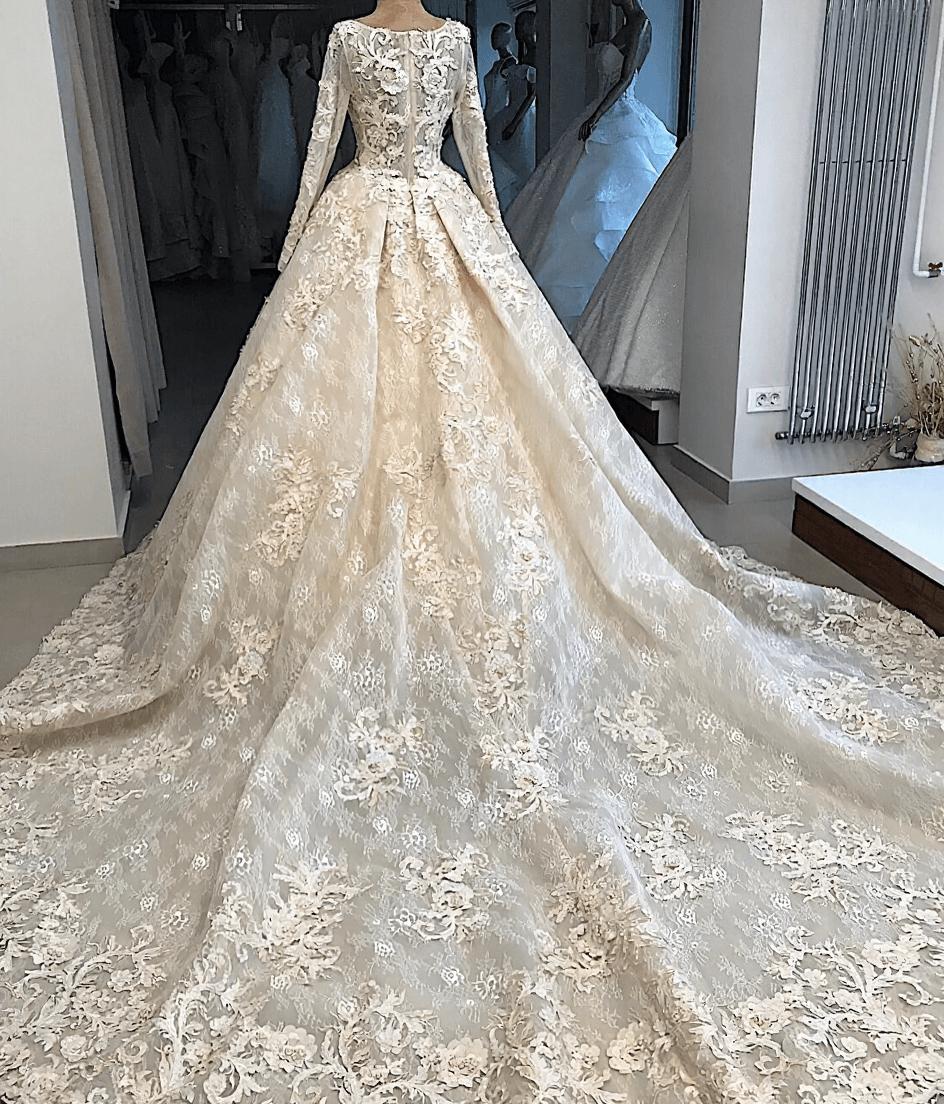 Luxurious Long Sleeves Crew Ball Gown  Wedding Dresses | Appliques Overskirt Zipper Bridal Gown