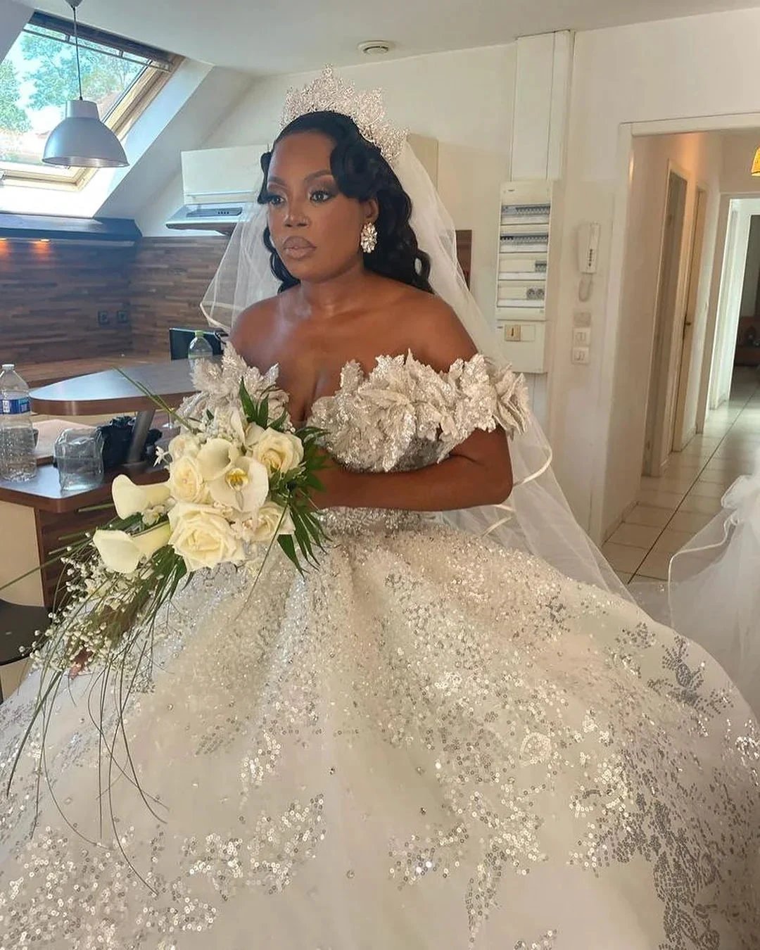 Luxurious Long White A-line Off-the-shoulder Lace Sequined Wedding Dress (ZD15670)
