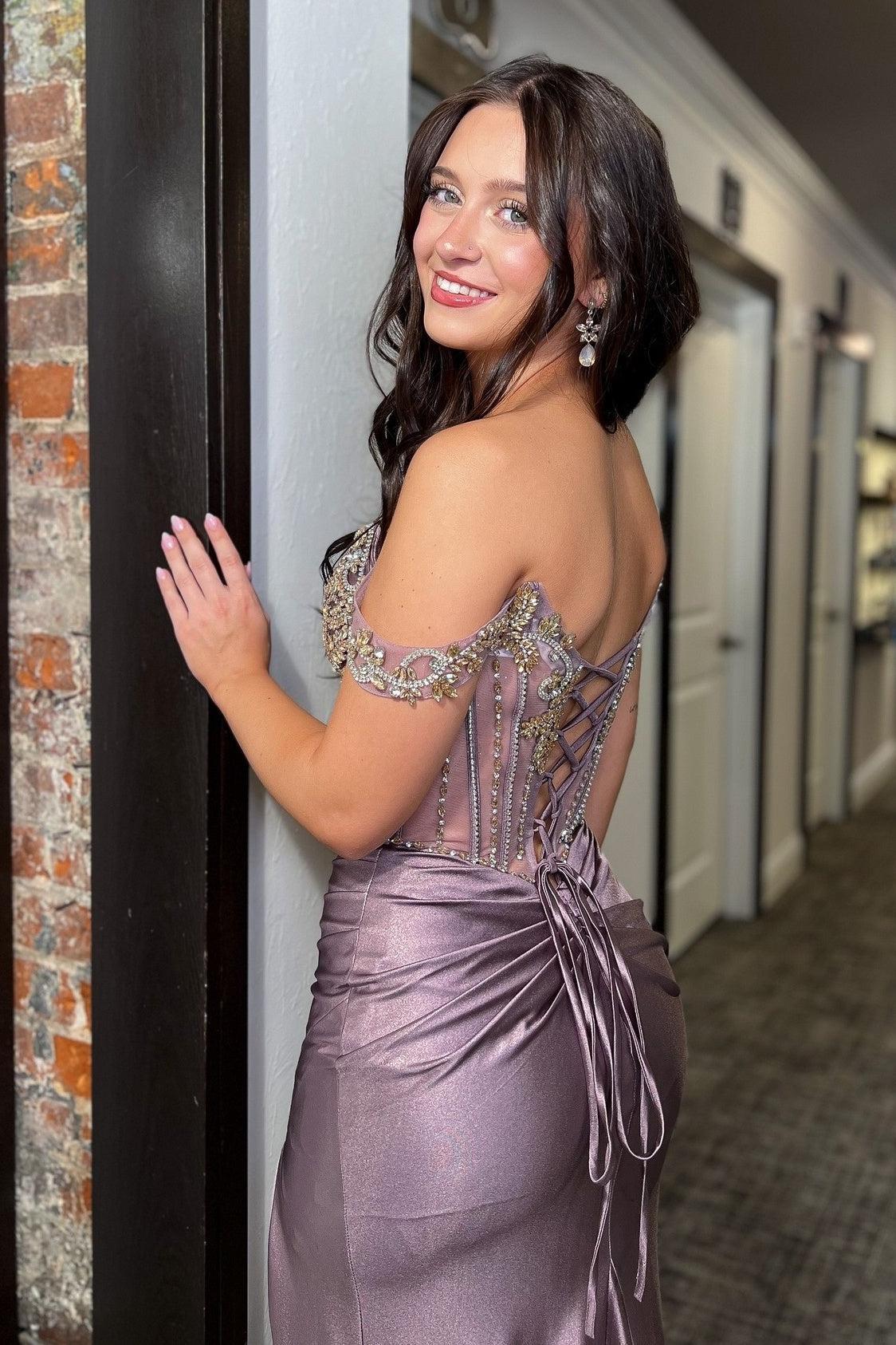 Luxurious Mermaid Off The Shoulder Grey Purple Corset Prom Dress With Beading Formal Evening Gown
