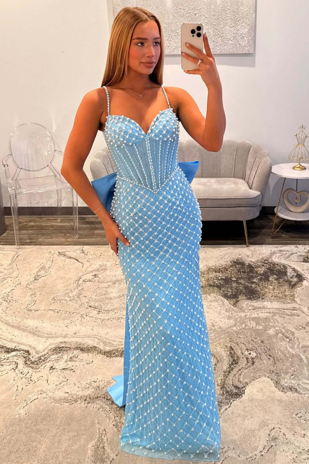 Suzhoufashion Mermaid Prom Dress Blue Corset Long Formal Dress With Pearls