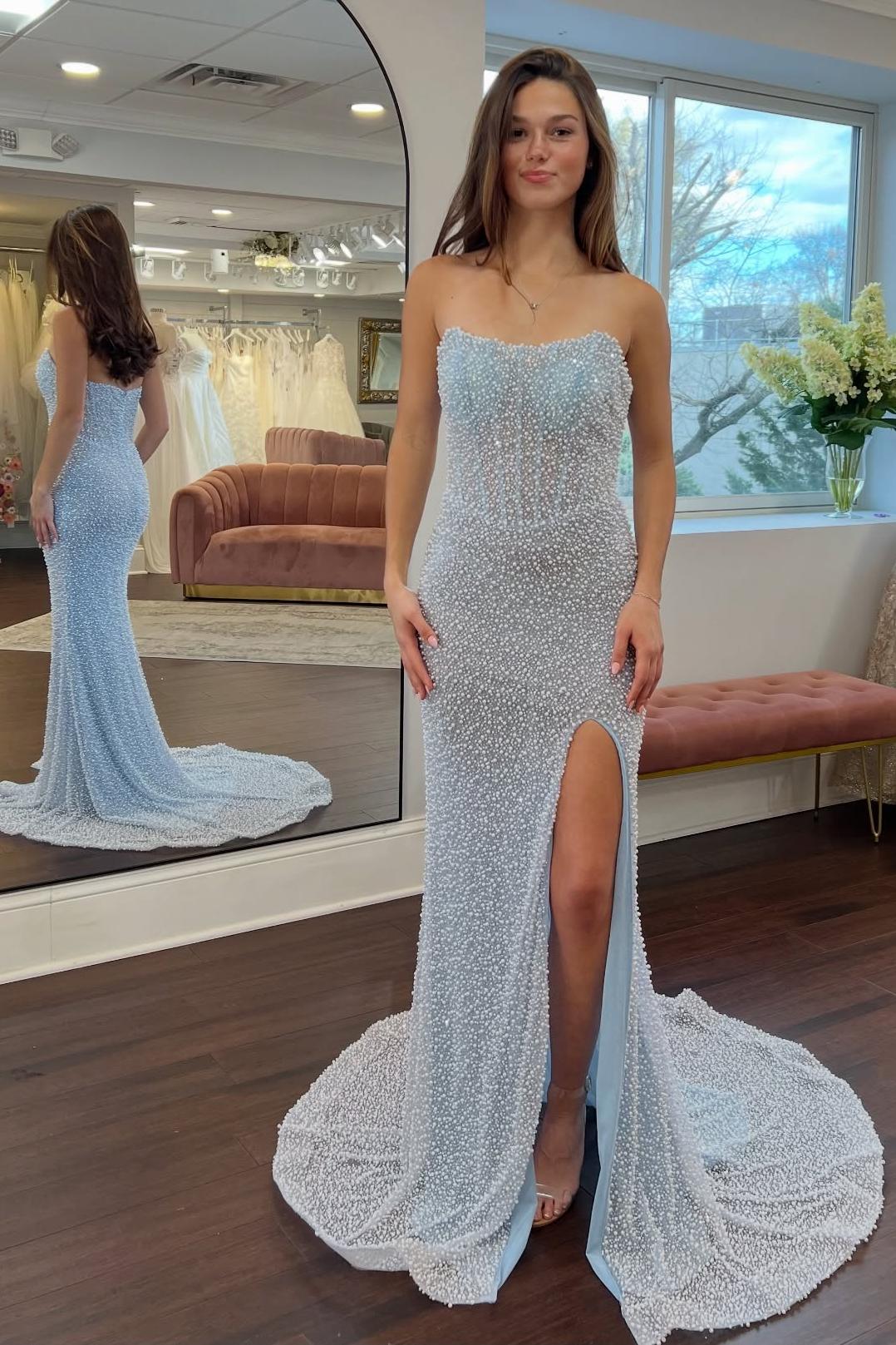 Suzhoufashion Luxurious Mermaid Strapless Light Blue Corset Prom Dress With Pearls Split Front Formal Evening Gown