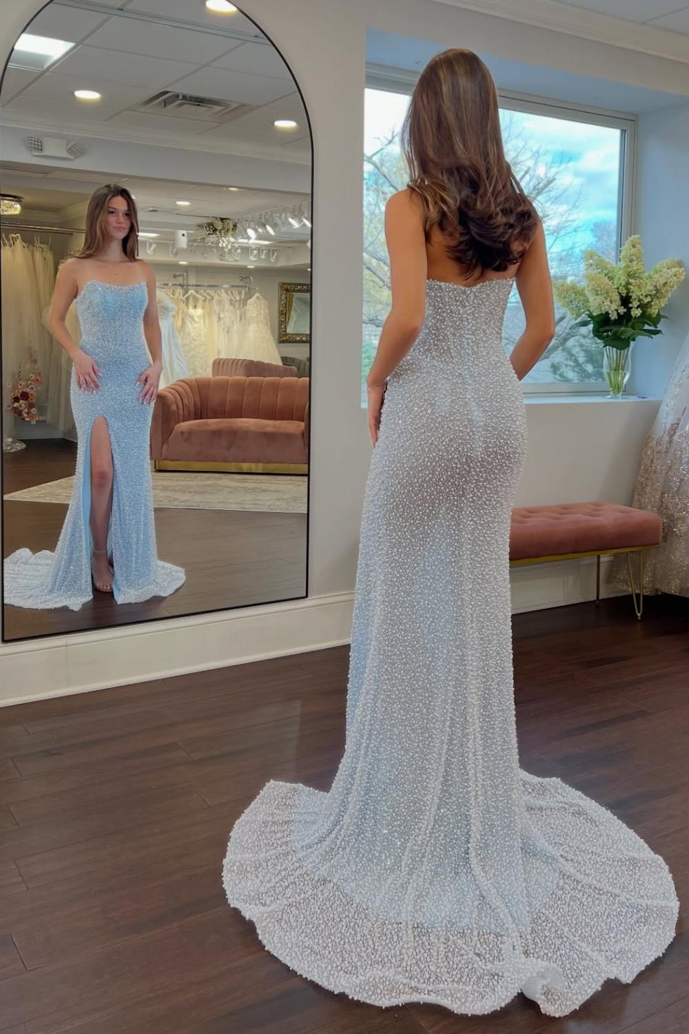 Suzhoufashion Luxurious Mermaid Strapless Light Blue Corset Prom Dress With Pearls Split Front Formal Evening Gown