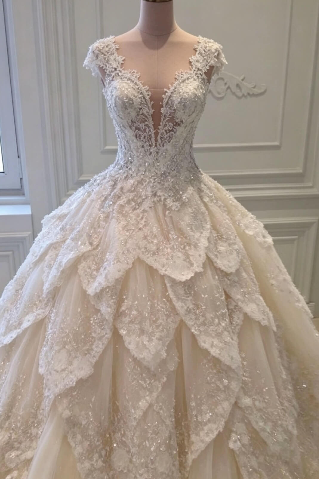 Luxurious Off the Shoulder Beading Wedding Dress Crystal Tiered Chapel Train Bridal Gowns