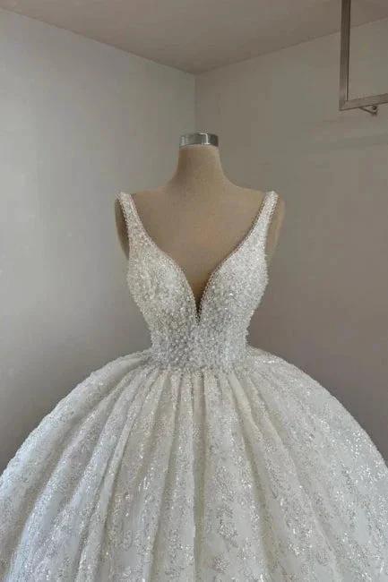 Luxurious Princess Long A-line V-neck Lace Beading Sleeveless Wedding Dresses with Glitter (ZD15627)