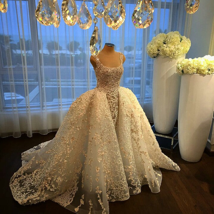Luxurious Straps Overskirt Sleeveless Wedding Dresses  Appliques Ball Gown Bride Dress