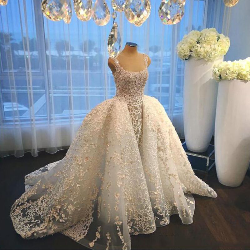 Luxurious Straps Overskirt Sleeveless Wedding Dresses  Appliques Ball Gown Bride Dress