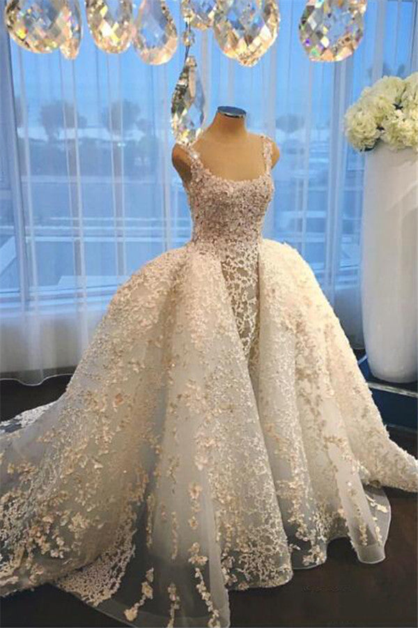 Luxurious Straps Overskirt Sleeveless Wedding Dresses  Appliques Ball Gown Bride Dress