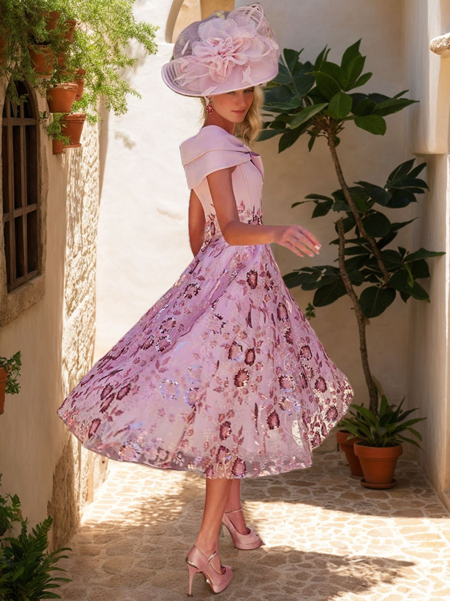 Luxurious V Neck A Line Tea Length Mother of the Bride Dress with Bow & Embroidery