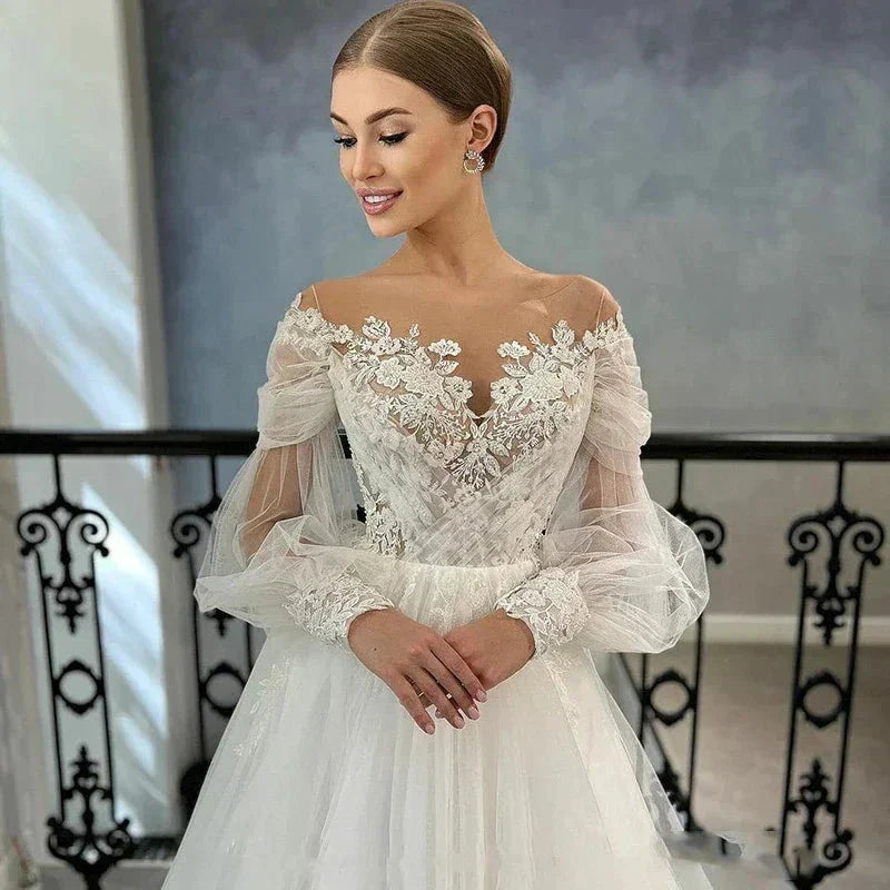 Luxurious White Bridal Gown Tulle with Applique Lace O-Neck A-Line Floor-Length Wedding Dress for Women vestidos de novia (ZD14202)