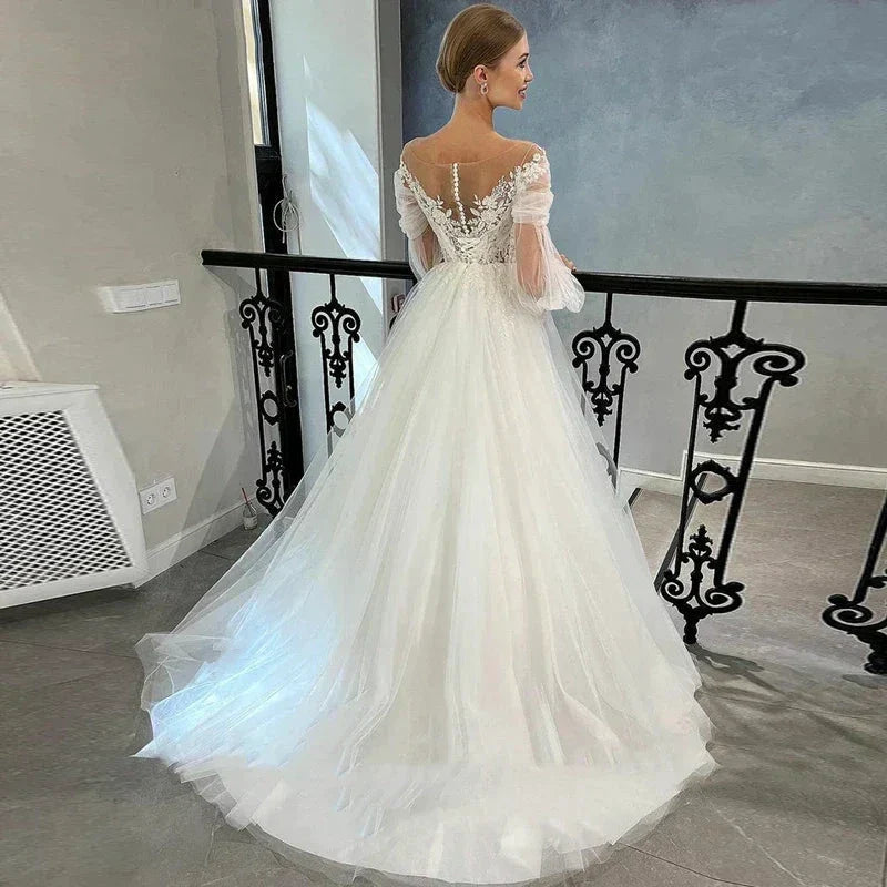 Luxurious White Bridal Gown Tulle with Applique Lace O-Neck A-Line Floor-Length Wedding Dress for Women vestidos de novia (ZD14202)