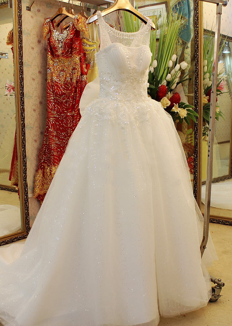 Luxurious White Crystal Ball Gown Wedding Dress Popular Beading Custom Made Long Bridal Gown