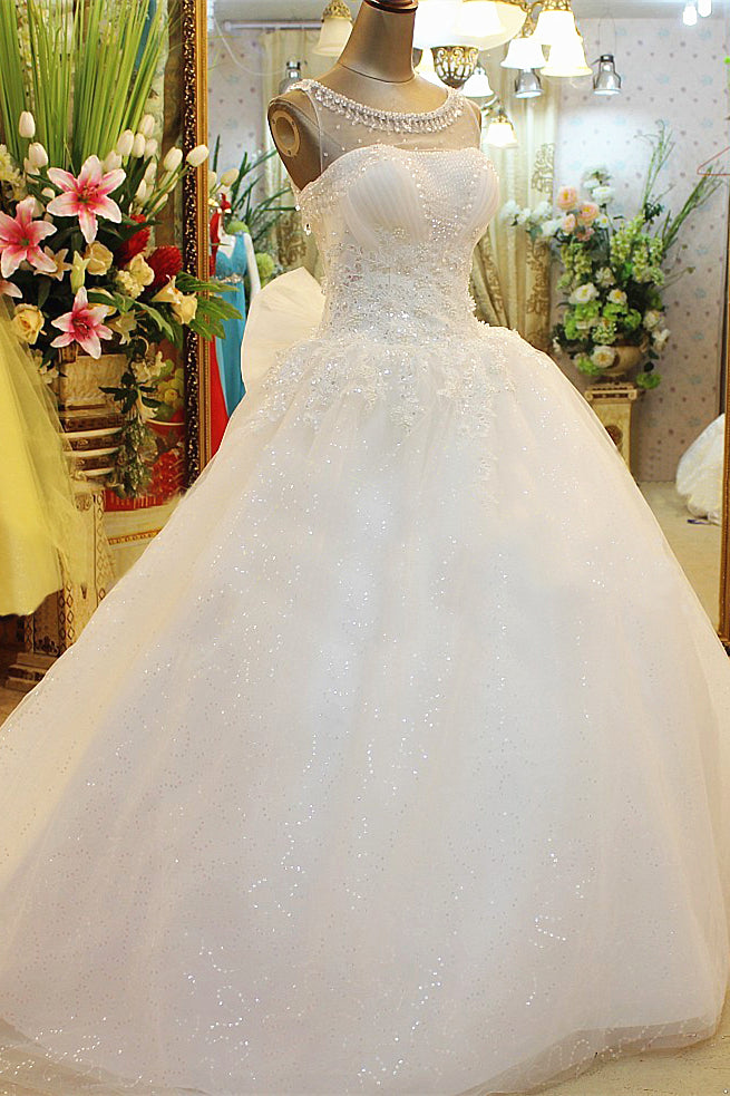 Luxurious White Crystal Ball Gown Wedding Dress Popular Beading Custom Made Long Bridal Gown