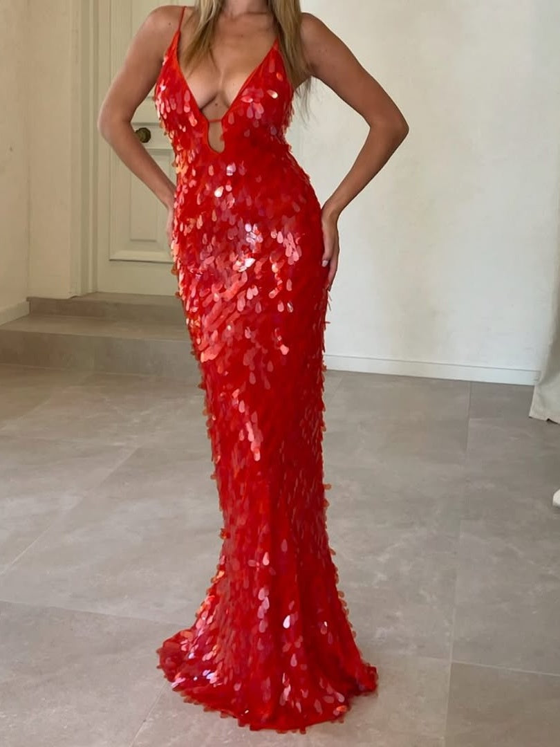 Luxurious Mermaid Spaghetti Straps Red Sequins Long Prom Dress - View 2 | VelvetHem