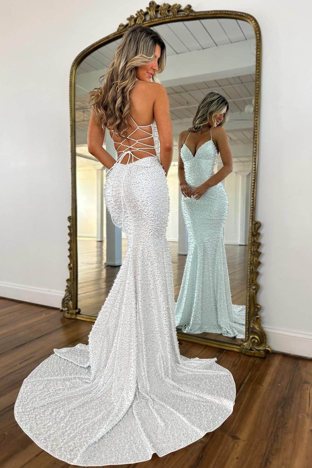 Glamorous Spaghetti Straps Light Blue Mermaid Prom Dress with Pearl Beaded - View 12 | VelvetHem