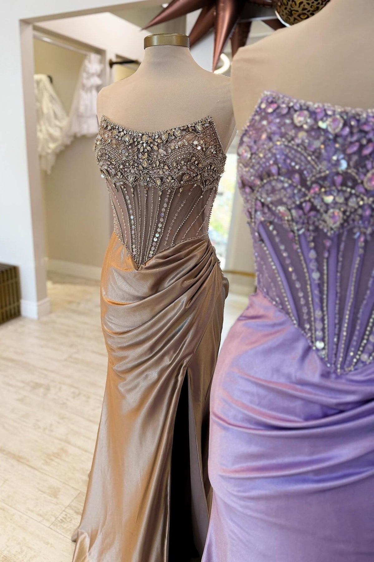 Luxurious Mermaid Strapless Dark Blue Corset Prom Dress with Beading - View 6 | VelvetHem