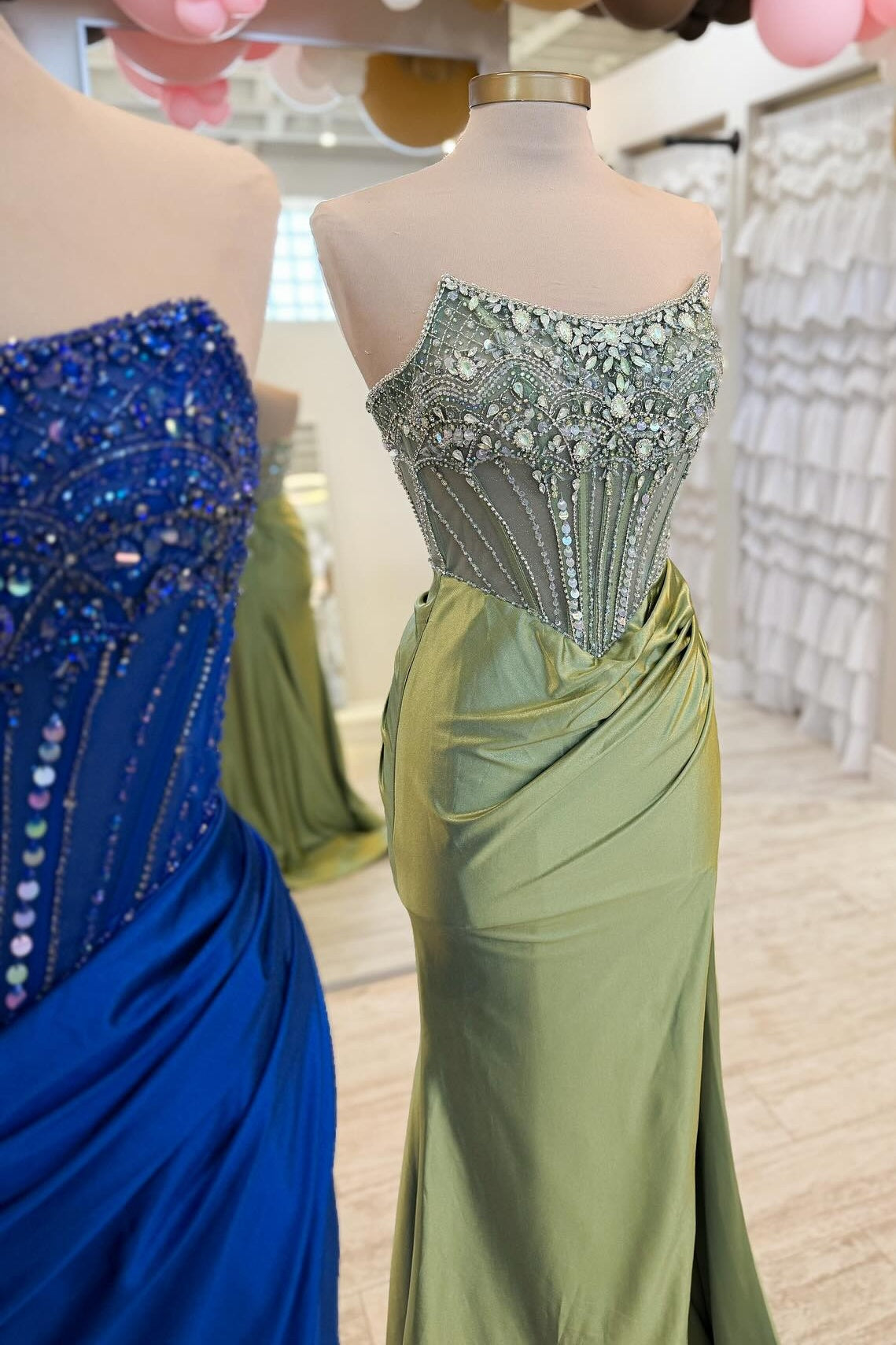 Luxurious Mermaid Strapless Dark Blue Corset Prom Dress with Beading - View 5 | VelvetHem