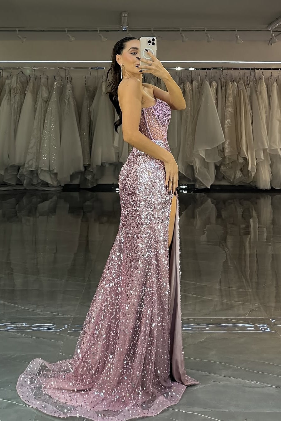 Luxurious Mermaid Strapless Lilac Sequins Corset Prom Dress with Beading - View 2 | VelvetHem