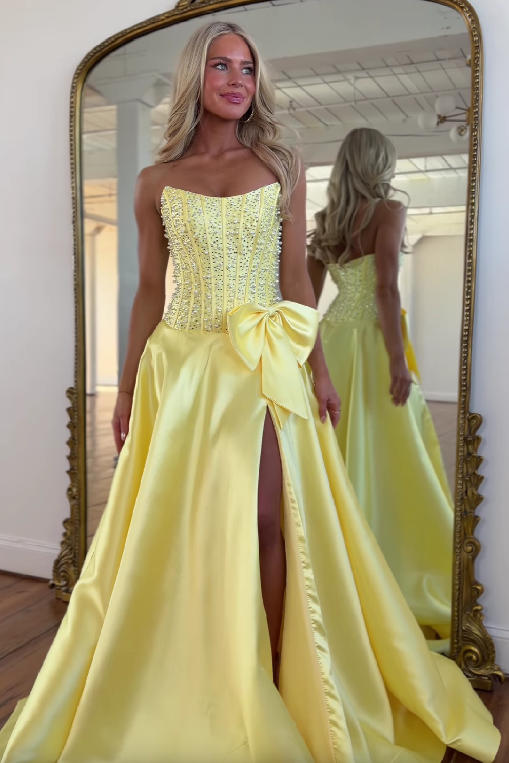 Charming A Line Strapless Yellow Satin Prom Dress with Beading Bowknot - VelvetHem