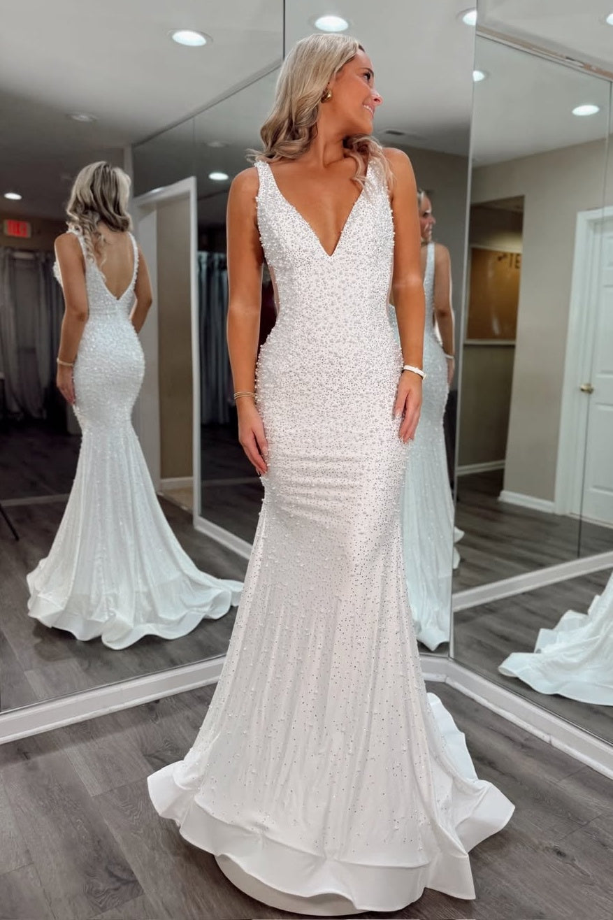 Luxurious Mermaid V Neck Pink Long Prom Dress with Pearls - View 15 | VelvetHem