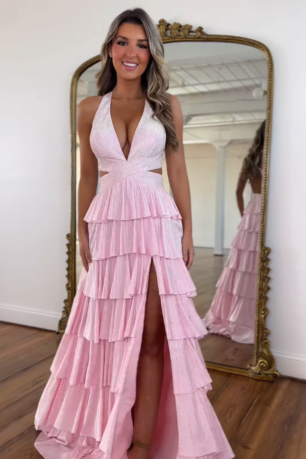 Sparkly A Line Halter Neck Long Tiered Dark Green Beaded Prom Dress with High Slit