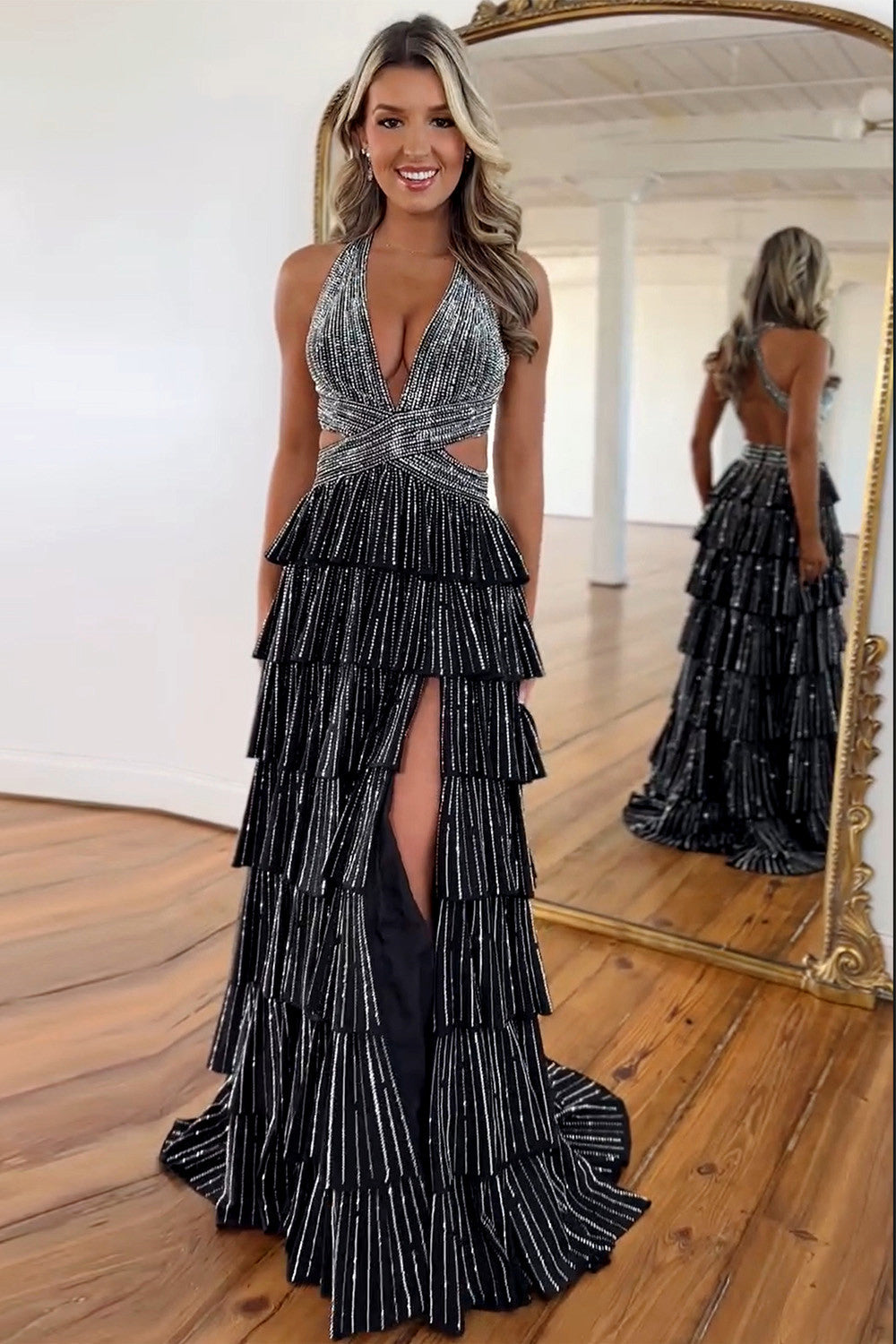 Sparkly A Line Halter Neck Long Tiered Dark Green Beaded Prom Dress with High Slit