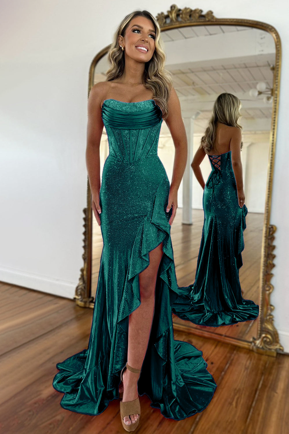 Light Blue Mermaid Strapless Lace Up Long Beaded Prom Dress with Leg Slit - View 10 | VelvetHem