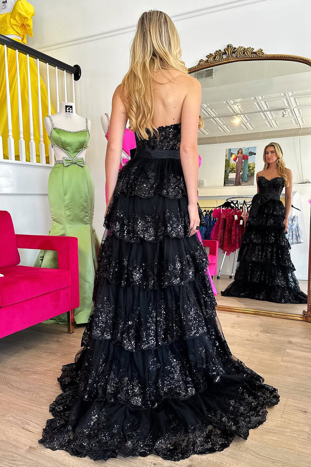 Sparkly Pink A-Line Sweetheart Long Tiered Sequin Prom Dress with Slit - View 9 | VelvetHem