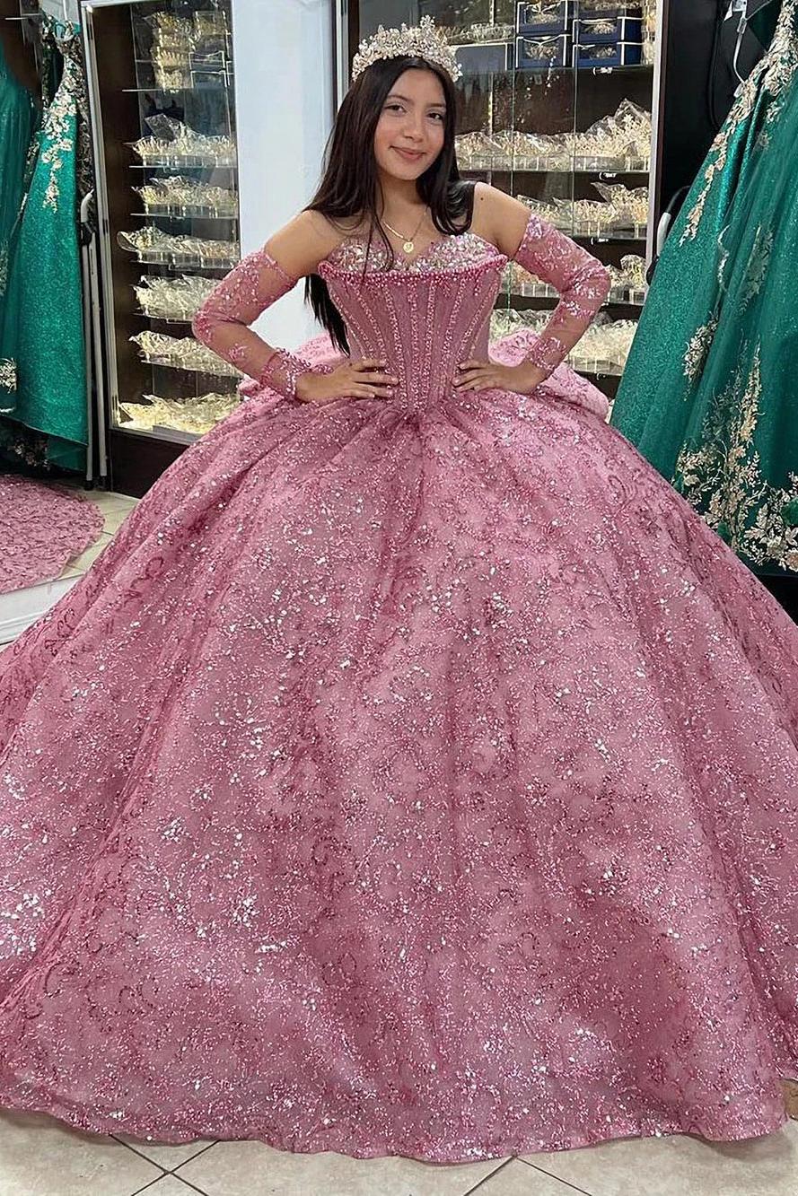 Luxuru & Glamorous Ball Gown Strapless Detachable Sleeves Fulle Sequins Beaded Dusty Pink Tulle Princess Party Gownquinceanera Dress For Sweet 16