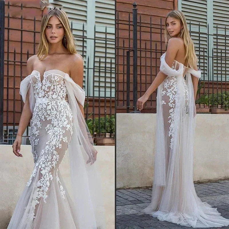 Luxury Applique Wedding Dress Women's Vestido De Noiva Plus Size Lace Mermaid Bridal Gownes Sexy Off Shoulder Sweetheart Seaside (ZD14191) - VelvetHem