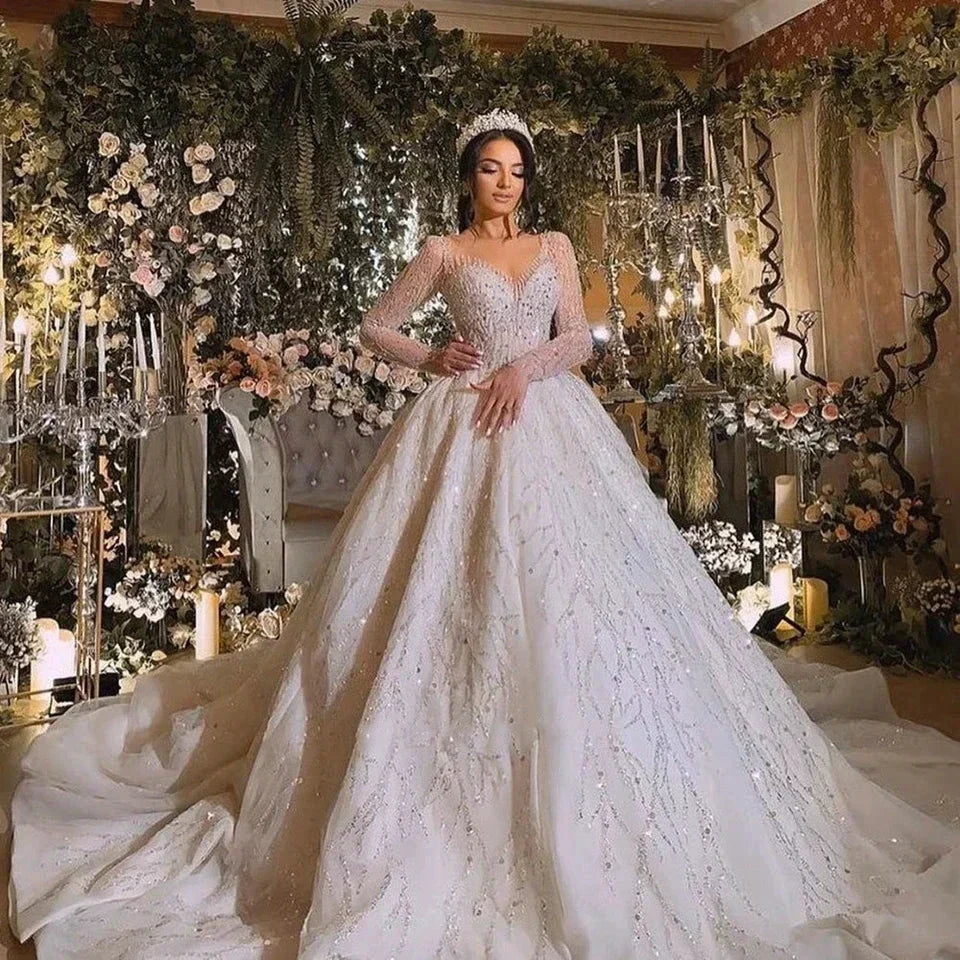 Luxury Ball Gown Illusion Long Sleeves Wedding Dresses 2023 Scoop Neck Glitter Sequined Beading Bride Gowns Vestidos De Noiva by payinti