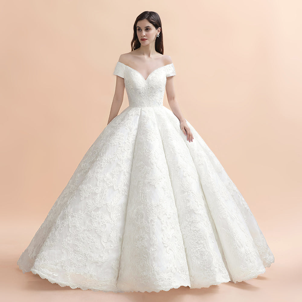 Luxury Ball Gown Lace Satin Sweetheart Wedding Dress | Sleeveless Bridal Gowns with V-Back