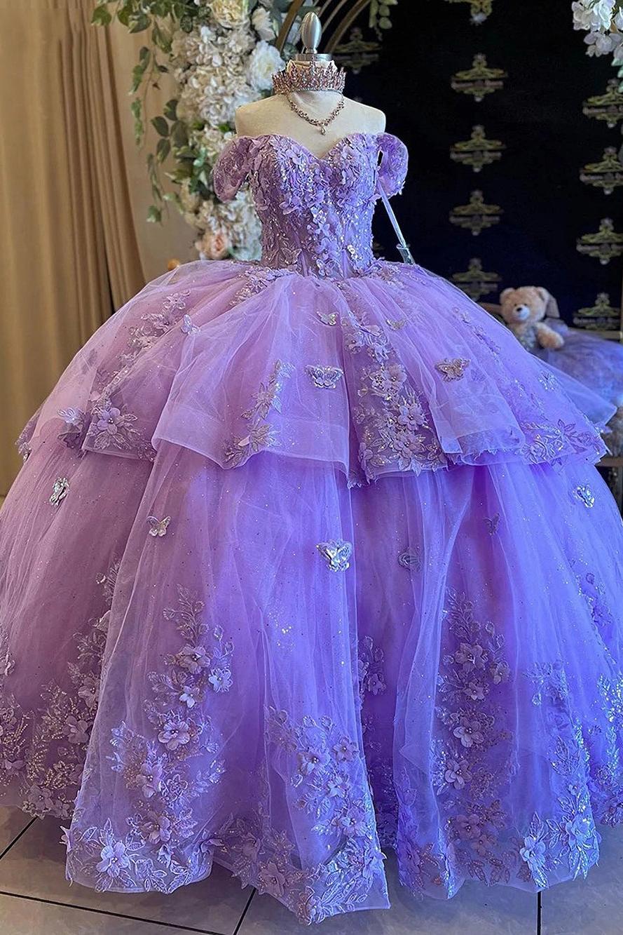 Luxury Ball Gown Off Shoulder Sleeveless Tiered 3D Butterfly Appliques Purple Tulle Quinceanera Dress For Sweet 16