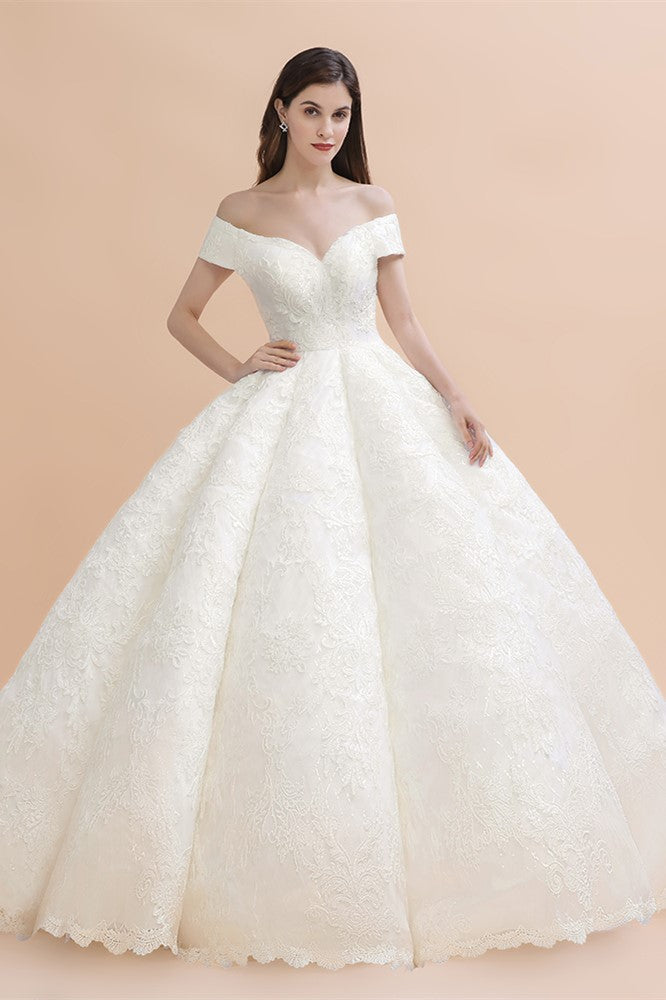 Luxury Ball Gown Off-the-Shoulder Sweetheart Wedding Dress | Sleeveless Lace Satin Bridal Gowns