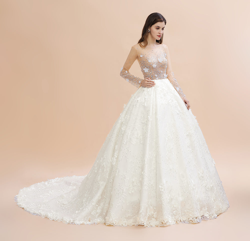 Luxury Ball Gown Tulle Lace Wedding Dress | Long Sleeves Appliques Pearls Bridal Gowns with Flowers