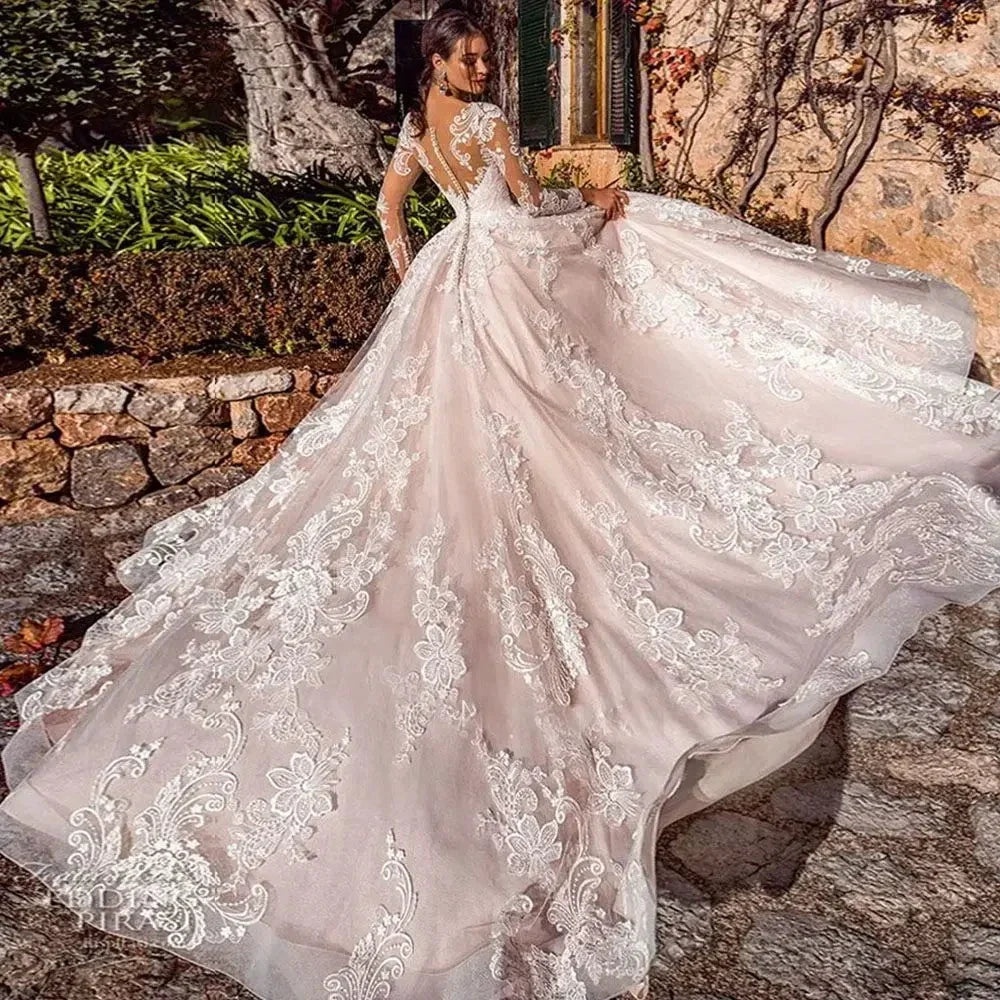Luxury Ball Gown Vestidos De Novia Appliques Vestido De Noiva Long Sleeve Wedding Dresses Lace Robe De Mariée (ZD14057)
