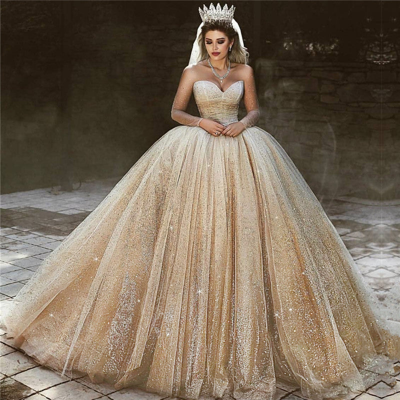 Luxury Champagne Gold Wedding Dresses  | Sequins Princess Ball Gown Royal Wedding Dresses