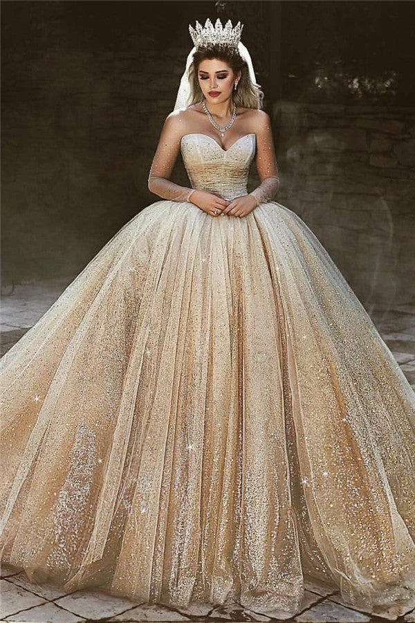 Luxury Champagne Gold Wedding Dresses  | Sequins Princess Ball Gown Royal Wedding Dresses