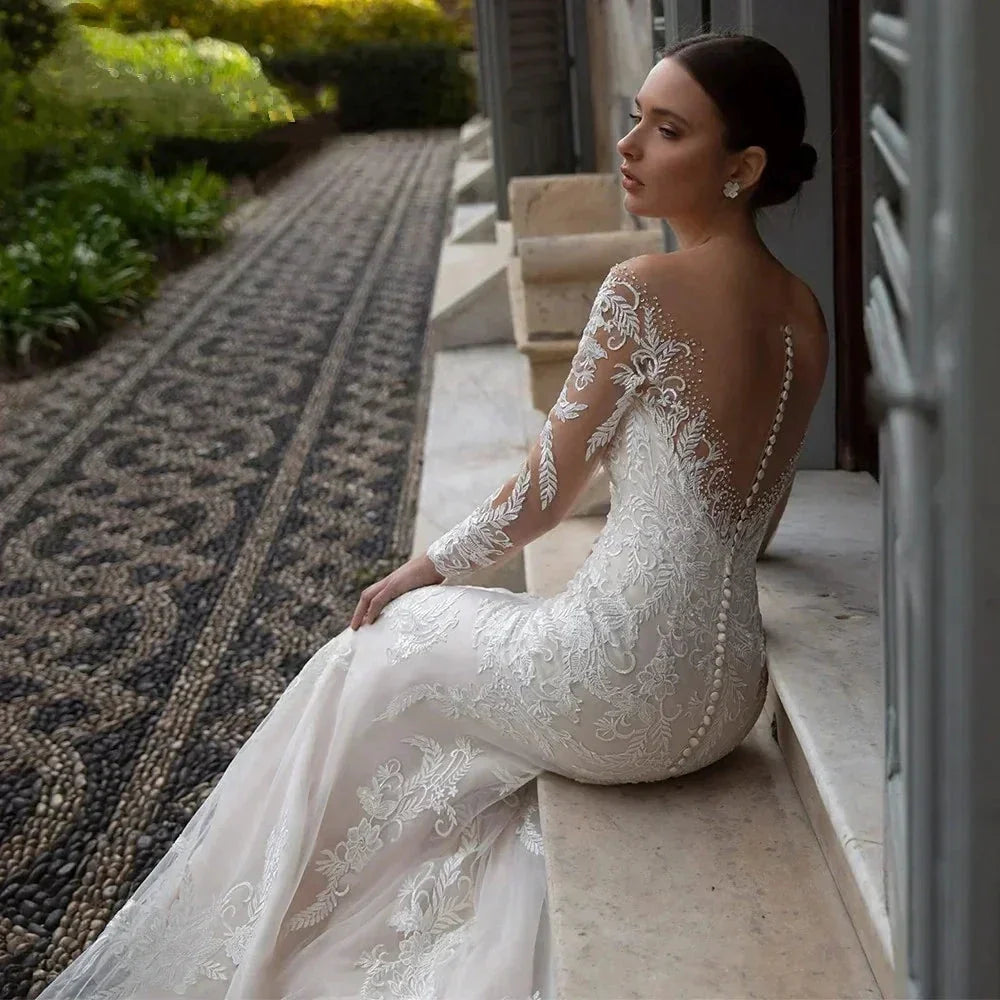 Luxury Crystal Wedding Dress Mermaid For Women Beading Sweetheart Lace Applique Sheer Illusion Long Bridal Gown Court Train 2023 (ZD13319)