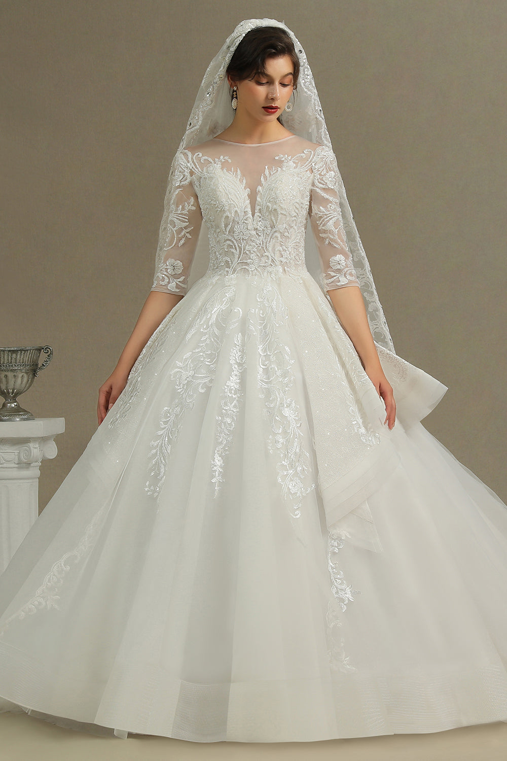 Luxury Floral Lace Bridal Gown Crew Neck Long Sleeves Aline Spring Garden Ball Gown